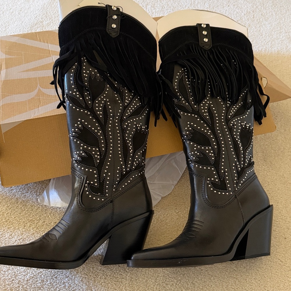 Tecovas Black Fringe Studded Heeled Boots